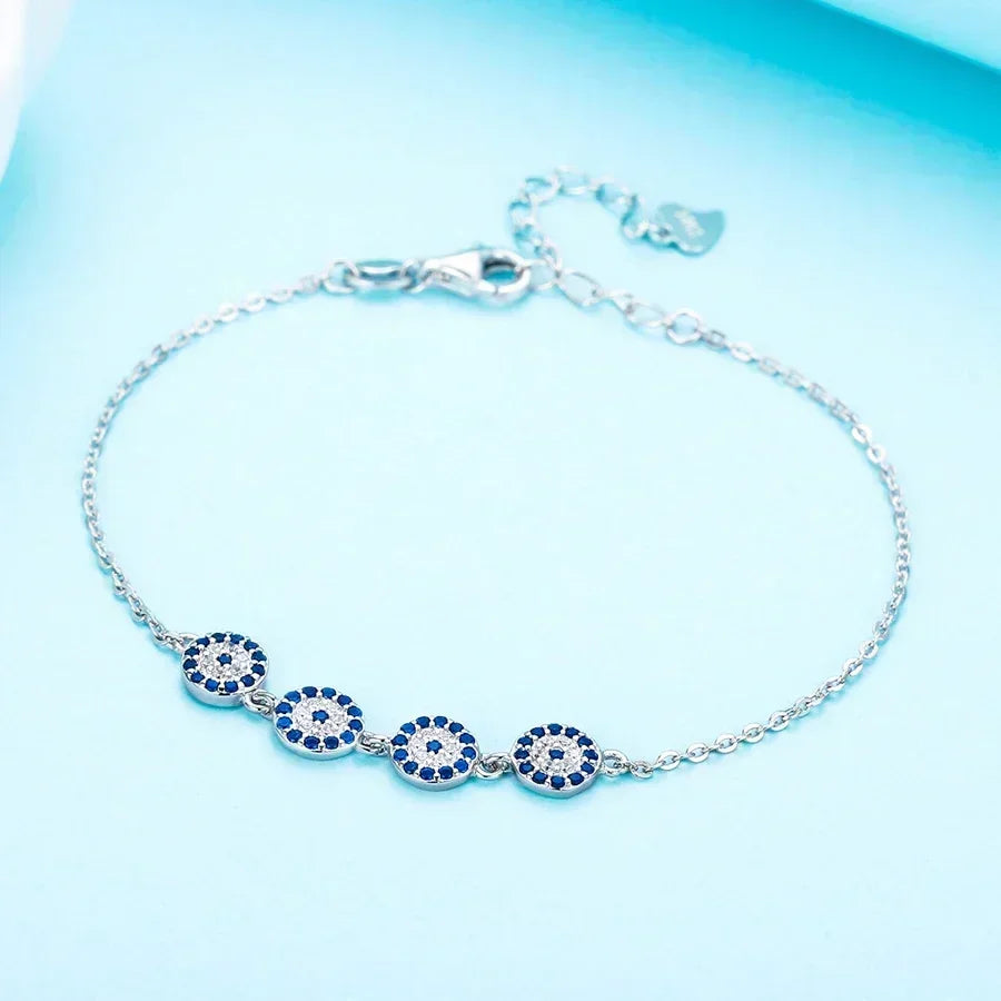 Nouveau Mode Turquie Chanceux Hamsa Quatre Mini Evil Eye Véritable 925 En Argent Sterling Bracelet
