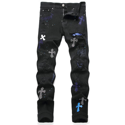 Jean en denim à commande croisée en cristal pour hommes, trous déchirés, distMurcia, pantalon noir, broderie, Slim, conique, fjered