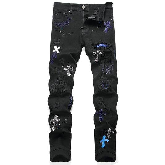 Jean en denim à commande croisée en cristal pour hommes, trous déchirés, distMurcia, pantalon noir, broderie, Slim, conique, fjered