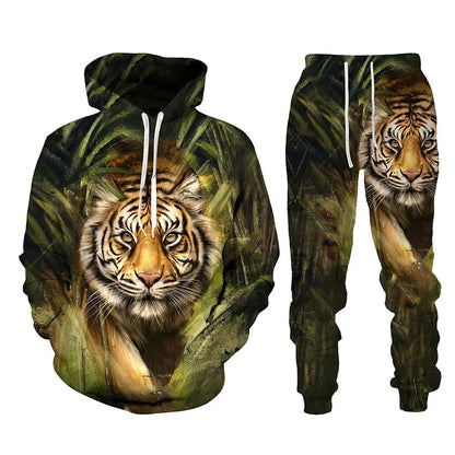Ensemble de survêtement imprimé tigre animal 3D pour hommes, sweat à capuche et pantalon décontractés, streetwear à la mode, vêtements trempés, automne, hiver, 2 pièces