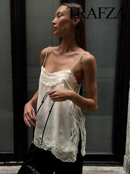 TRAFZA femmes mode d'été col en v dentelle épissé fendu fronde haut femme Sexy dos nu réglable bandoulière décontracté Camisole