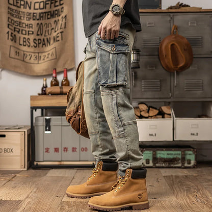 Jeans cargo stretch rétro pour hommes, pantalons décontractés, cône droit, mince, américain, lourd, marque de mode, printemps et automne