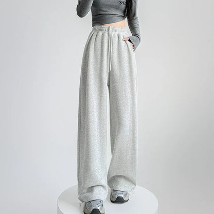 Pantalon de survêtement taille haute pour femme, noir et gris, taille élastique, jambes larges, confortable, droit, ample, Sport, printemps automne