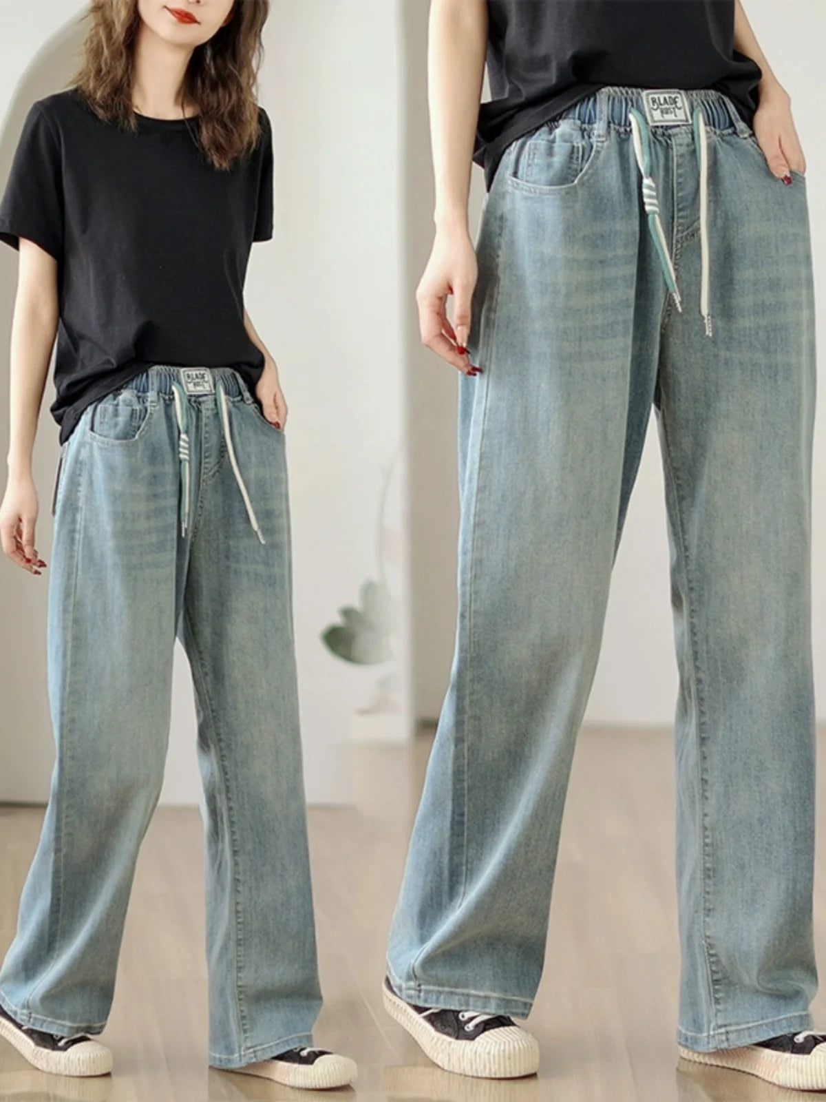 Jean élastique taille haute pour femme, pantalon en denim bleu, jambe large, droit, proximité, décontracté, printemps, automne, 8039