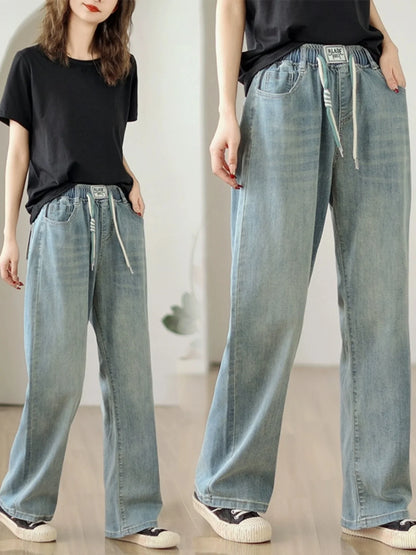 Jean élastique taille haute pour femme, pantalon en denim bleu, jambe large, droit, proximité, décontracté, printemps, automne, 8039