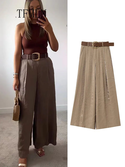 TFMLN mode femmes solide jambe large pantalon avec ceinture 2025 été Chic casual fermeture éclair pantalon complet Simple femme haute rue pantalon