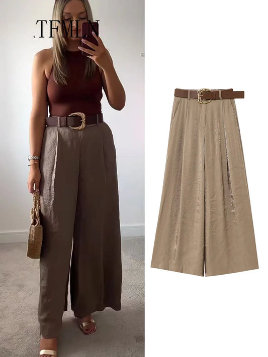 TFMLN mode femmes solide jambe large pantalon avec ceinture 2025 été Chic casual fermeture éclair pantalon complet Simple femme haute rue pantalon
