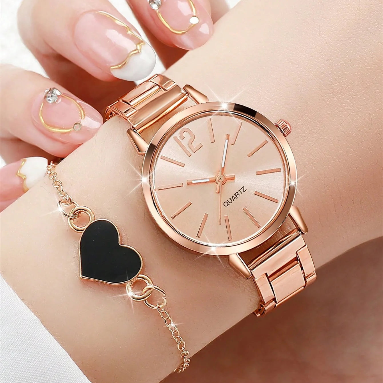 Montres dorées coeur Bracelet à breloques 2 pièces ensemble mode