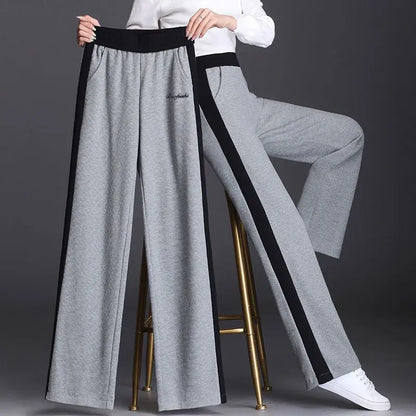 Pantalon de sport taille haute pour femme, mode coréenne, printemps, automne, décontracté, uni, poches brodées, élastique, droit, fjadt, nouveau