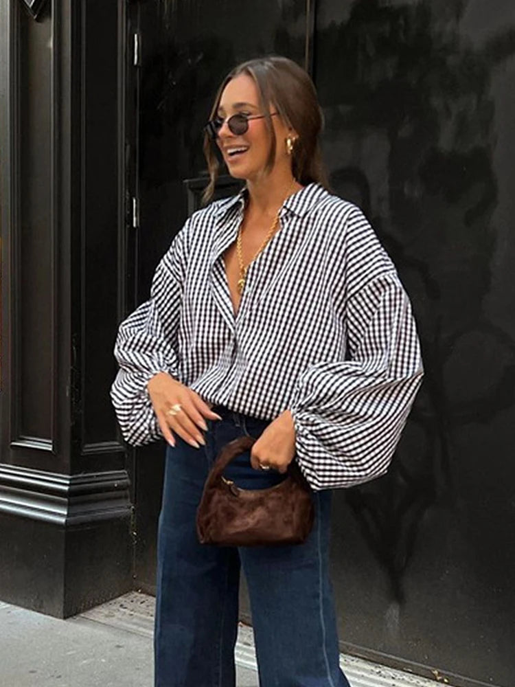 Mumaroho-Chemisier noir à manches longues pour femme, chemise à carreaux vintage, femme, automne, hiver, 2023