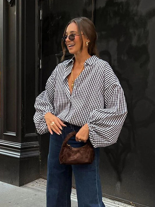 Mumaroho-Chemisier noir à manches longues pour femme, chemise à carreaux vintage, femme, automne, hiver, 2023