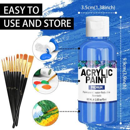 Ensemble de peinture acrylique avec 10 pinceaux, 24 couleurs (60ml, 2 US fl oz), artisanat d'art pour Halloween, citrouille, peinture céramique, Kit de fournitures d'art