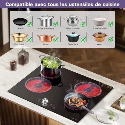 NOXTON Plaque VItrocéramique 4 Feux avec Commande à Bouton Unique, Plaque de Cuisson Electrique 4 Feux Encastrable, Table de Cuisson Vitrocéramique, 220-240V, 6000W, sans Prise