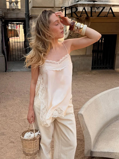 TRAFZA femmes mode d'été col en v dentelle épissé fendu fronde haut femme Sexy dos nu réglable bandoulière décontracté Camisole