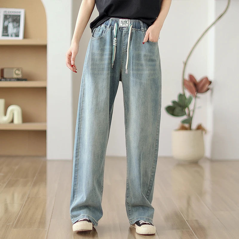 Jean élastique taille haute pour femme, pantalon en denim bleu, jambe large, droit, proximité, décontracté, printemps, automne, 8039