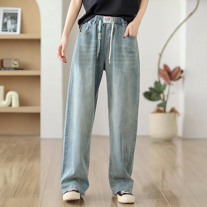 Jean élastique taille haute pour femme, pantalon en denim bleu, jambe large, droit, proximité, décontracté, printemps, automne, 8039