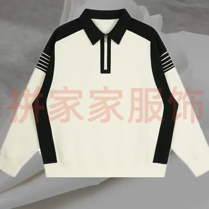 Pull rayé à manches longues pour hommes, demi-fermeture éclair, col polo, plus gros, décontracté, édition coréenne, printemps et automne, nouveau, 2024