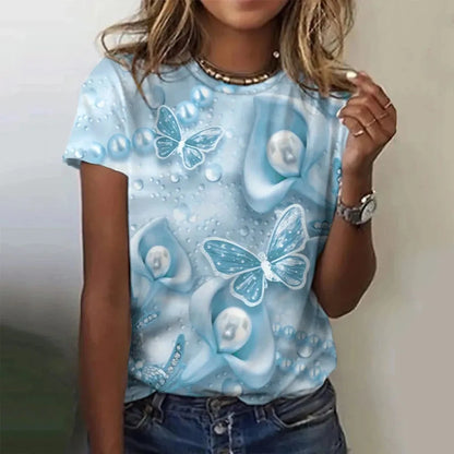 T-shirt manches courtes col rond femme, estival et surdimensionné, avec motif Floral et fleur papillon imprimé en 3D, Y2k, Harajuku, vêtements féminins, nouvelle collection