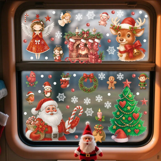 Autocollants de fenêtre de renne de noël, bonhomme de neige, flocon de neige, autocollants électrostatiques de noël, décor de joyeux noël, bonne année
