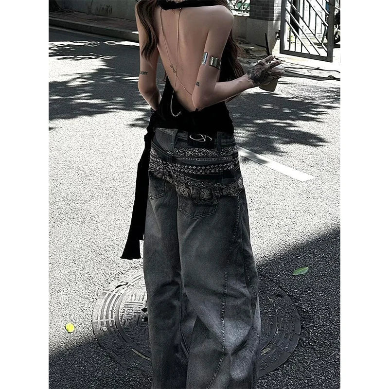 Pantalon en jean imprimé taille haute pour femmes, Vintage américain Hip-hop, Baggy décontracté Y2K, jambes larges, Style Streetwear Grunge, pantalon en Denim