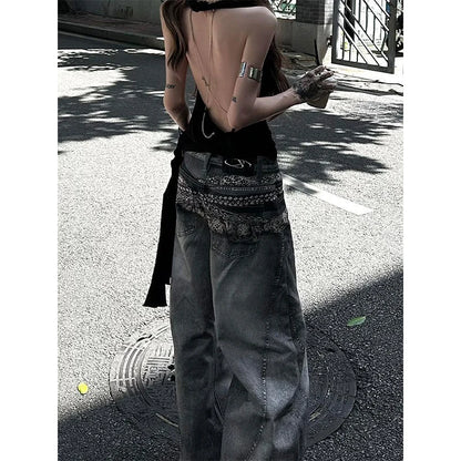 Pantalon en jean imprimé taille haute pour femmes, Vintage américain Hip-hop, Baggy décontracté Y2K, jambes larges, Style Streetwear Grunge, pantalon en Denim