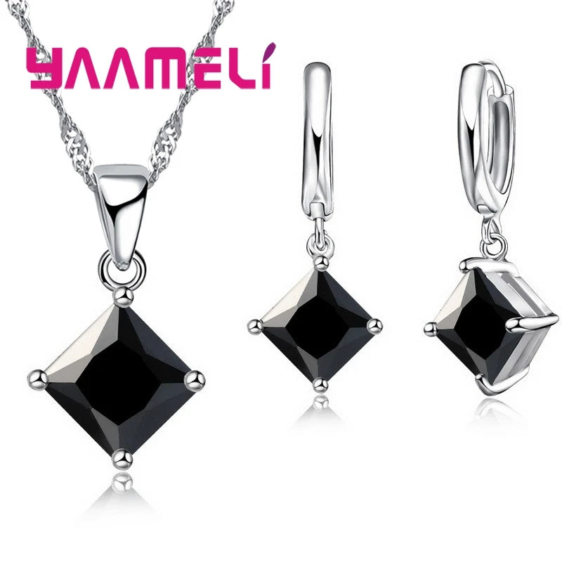 Ensembles de bijoux en argent regardé 925 pour femmes, boucles d'oreilles carrées à géométrie simple, collier en cristal,