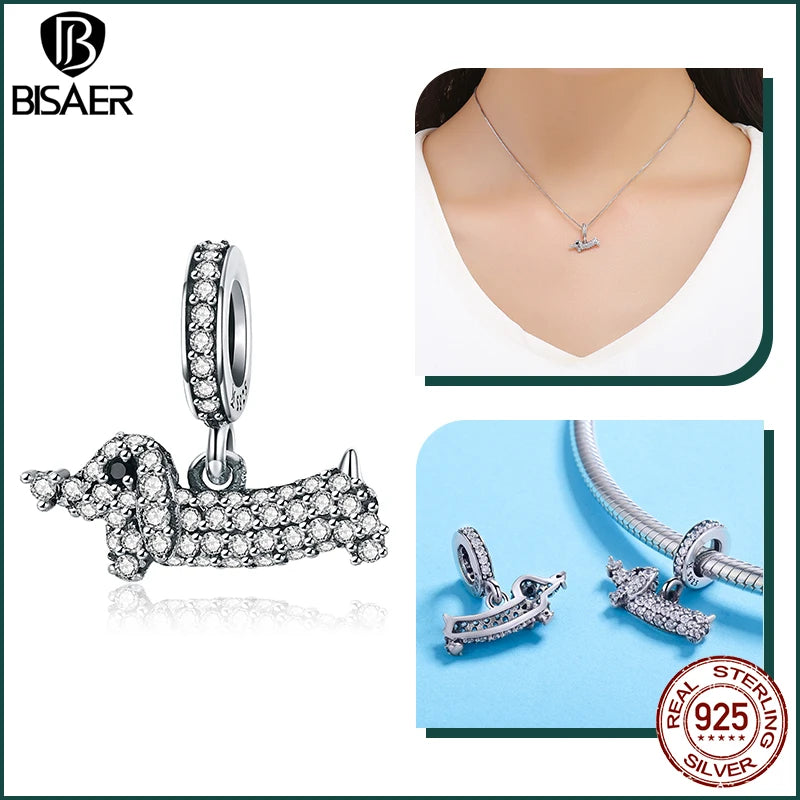 BISAER 925 en argent Sterling mignon chien breloque perle teckel animal de compagnie pendentif platine plaqué ajustement femmes Bracelet à bricoler soi-même bijoux fins