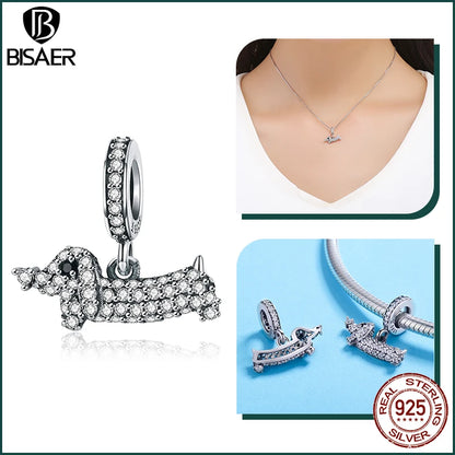 BISAER 925 en argent Sterling mignon chien breloque perle teckel animal de compagnie pendentif platine plaqué ajustement femmes Bracelet à bricoler soi-même bijoux fins