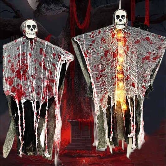 Crâne suspendu pour fête d'halloween, squelette fantôme, ornement, accessoires d'horreur, décorations de maison hantée avec lumière, décorations extérieures