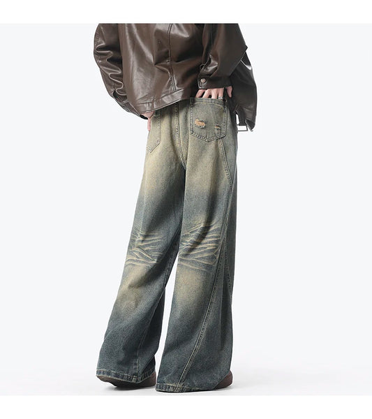 Style américain Vintage jean droit hommes rétro mode pantalon de nettoyage unisexe haute rue ample décontracté jambe large Denim pantalon