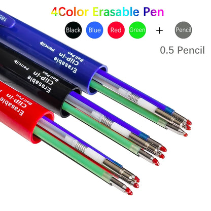 Stylo à bille multicolore effaçable 5 en 1, recharge 4 couleurs de 0.7mm et crayon automatique de 0.5mm,