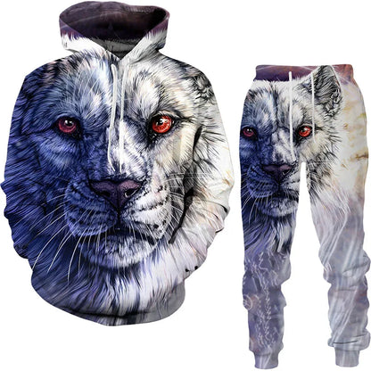 Ensemble de survêtement imprimé tigre animal 3D pour hommes, sweat à capuche et pantalon décontractés, streetwear à la mode, vêtements trempés, automne, hiver, 2 pièces