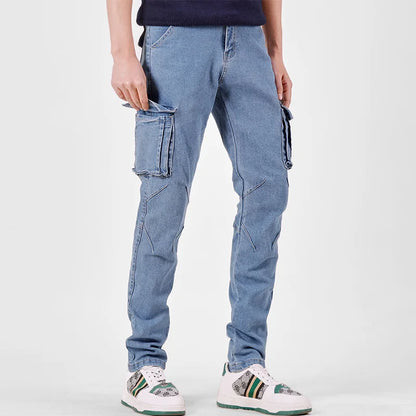 Pantalon cargo en denim pour hommes, taille élastique, couleur unie, délavé, coupe cintrée, décontracté, avec plusieurs poches, pour un usage quotidien