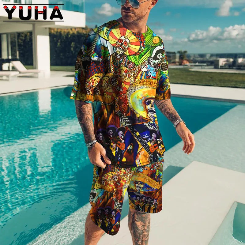 YUHA – ensemble t-shirt manches courtes pour hommes, vêtements d'été pour hommes, impression de squelette Terrible en 3D, Short décontracté, survêtement masculin 2 pièces, nouvelle collection