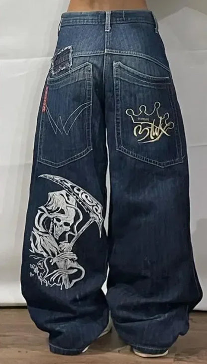 Pantalon Patch populaire avec motif d'épine imprimé, jean déchiré gothique Harajuku pour hommes et femmes, pantalon de rue taille haute Y2k à jambes larges