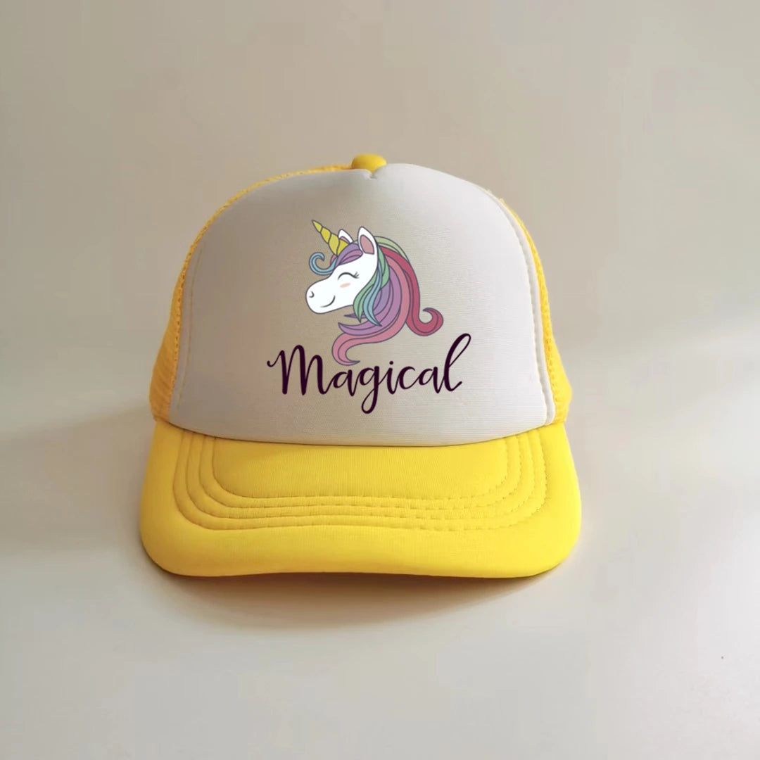 Casquette en maille avec motif de licorne pour fille de 2 à 8 ans, accessoire de protection contre le soleil pour enfant