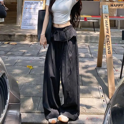 Pantalon noir à jambes larges pour femmes, Streetwear, mode Y2K, à volants, Patchwork, Baggy, été, Harajuku, coréen, pantalon droit décontracté