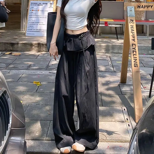Pantalon noir à jambes larges pour femmes, Streetwear, mode Y2K, à volants, Patchwork, Baggy, été, Harajuku, coréen, pantalon droit décontracté