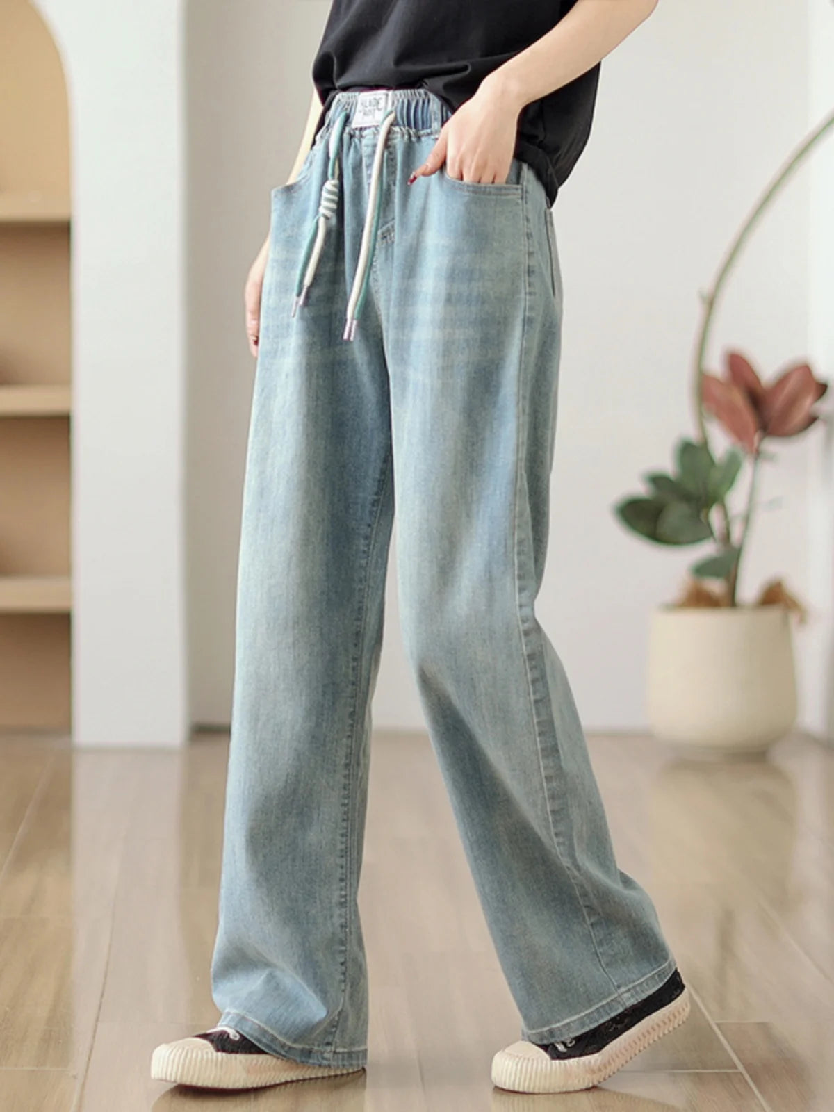 Jean élastique taille haute pour femme, pantalon en denim bleu, jambe large, droit, proximité, décontracté, printemps, automne, 8039