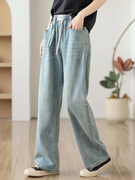 Jean élastique taille haute pour femme, pantalon en denim bleu, jambe large, droit, proximité, décontracté, printemps, automne, 8039