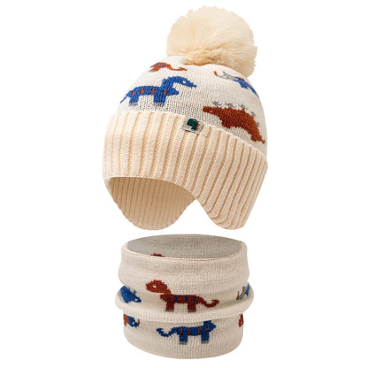 Bonnet tricoté petit dinosaure pour enfants de 2 pièces à 12 ans, ensemble écharpe de chapeau chaud de protection des oreilles pour enfants, chapeau d'automne et d'hiver