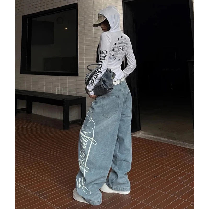 Automne femmes Y2k Baggy bleu Jean japonais années 2000 Style petit ami Jean pantalon Vintage Harajuku broderie Denim pantalon vêtements
