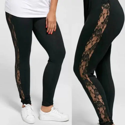 L-3XL grande taille pantalon pour femmes mode décontracté noir minceur taille haute dentelle Patchwork voir à travers Leggings pantalon 2023