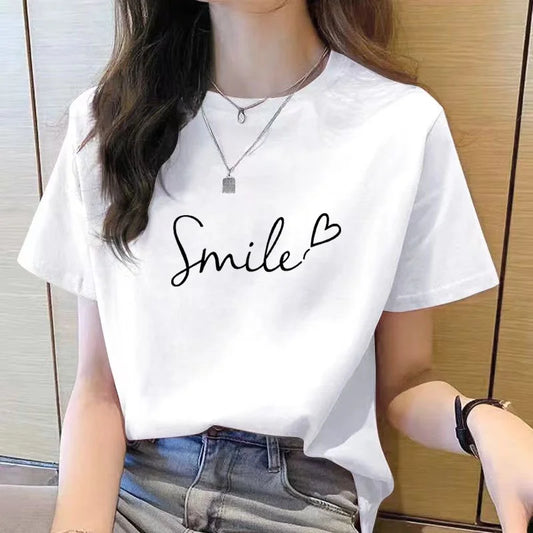 T-shirt à manches courtes pour femmes, col rond, mode coréenne, imprimé de médicaments