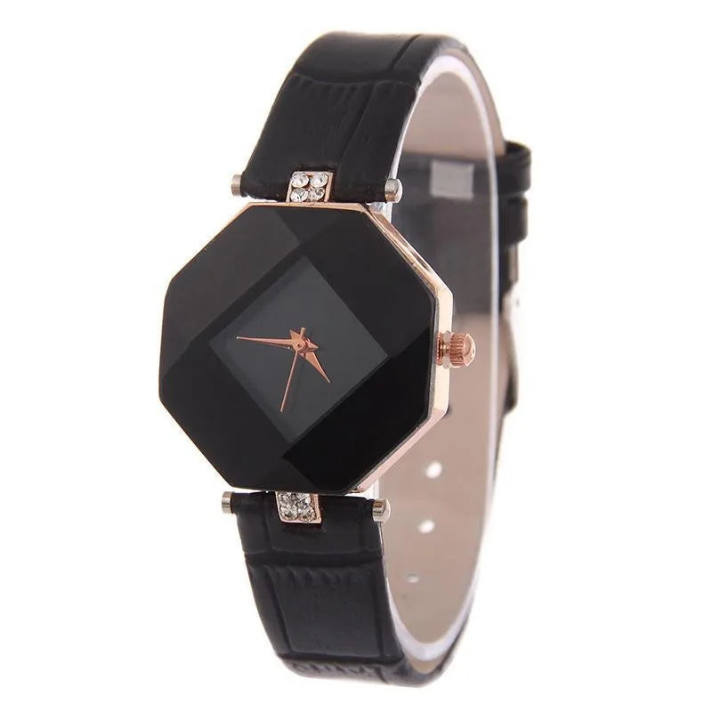 Relogio Femin37- Montre-bracelet à quartz analogique pour femme, bijou géométrique, coupe gemme exquise, bracelet en cuir bleu, à la mode