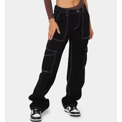 Jean Cargo Américain Taille Haute pour Femme, Pantalon Droit Croisé, Mode Fille, Bleu Clair, Bleu Foncé, Noir, Gris, Denim Fjj