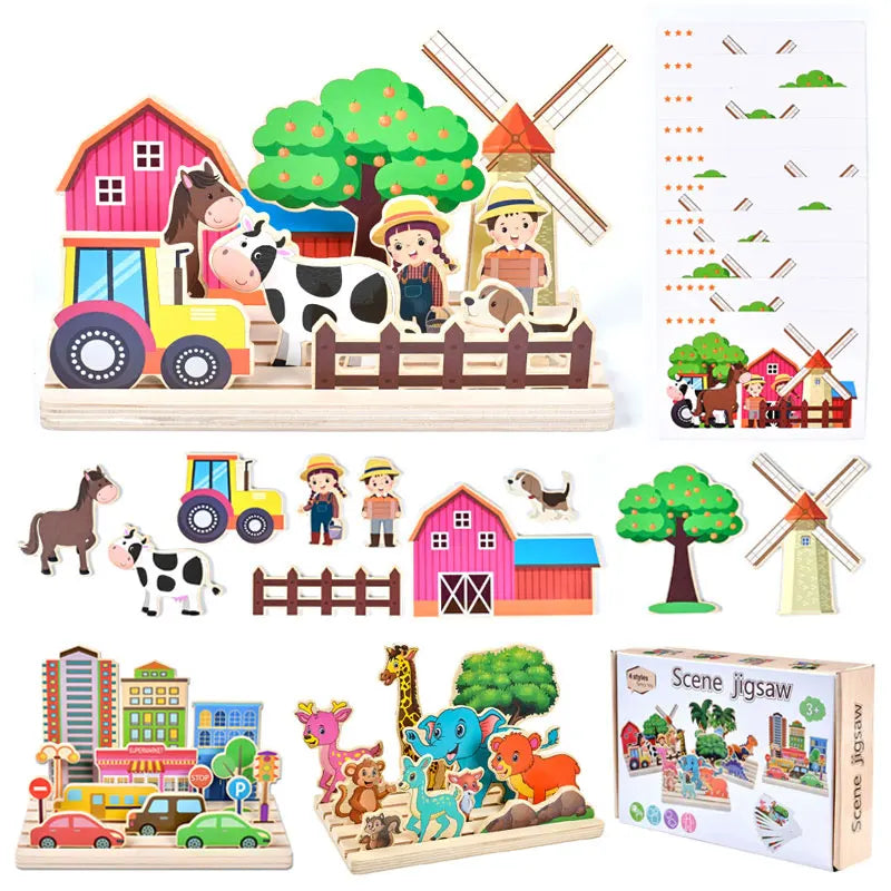Jeu de pensée logique en bois pour enfants, puzzle de scène d'animaux de ferme, jeu de construction assorti, formation à l'imagination, jouets éducatifs Montessori