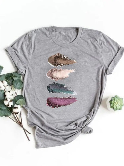 T-shirt manches courtes pour femmes, vêtement basique, haut d'été, maquillage rayé, joli et mignon, imprimé, à la mode, graphique