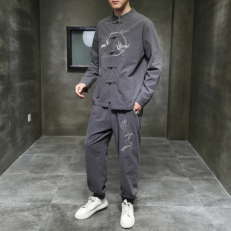 Ensemble deux pièces de style chinois pour hommes, chemise et pantalon, broderie, lin, coton trempé, décontracté, rétro, Kungfu, fjfu