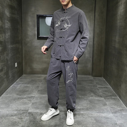 Ensemble deux pièces de style chinois pour hommes, chemise et pantalon, broderie, lin, coton trempé, décontracté, rétro, Kungfu, fjfu